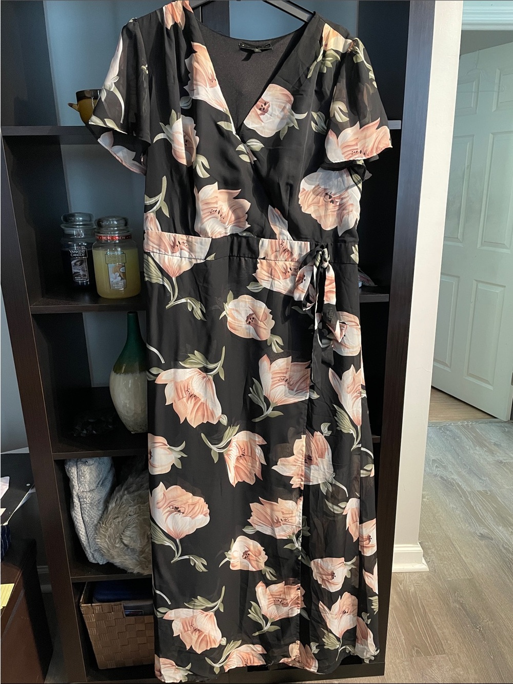 Black Floral Faux Wrap Maxi Dress with Blush Blooms